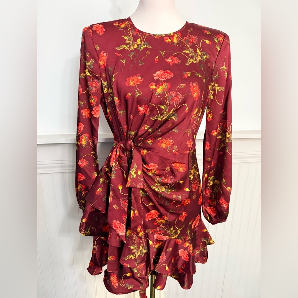 Cinq à Sept Floral Wrap Dress Burgundy Satin Ruffle Hem NWT Size 4